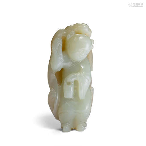 A CELADON JADE FIGURE OF ZHOU TANZI Qing dynasty