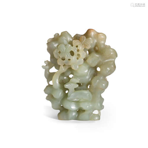 A CELADON JADE SMALL 'DAOIST' MOUNTAIN 19th century or later