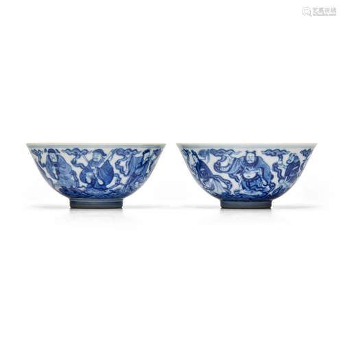 A PAIR OF BLUE AND WHITE 'EIGHT IMMORTALS' BOWLS Daoguang marks and of the period