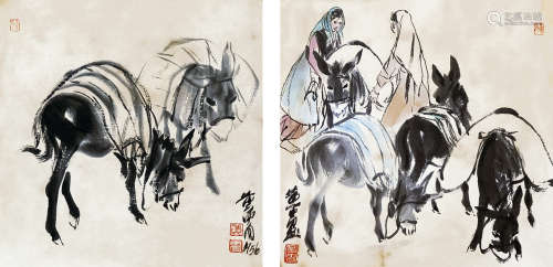 黃冑 驢子運糧圖 二幅 設色紙本 鏡片