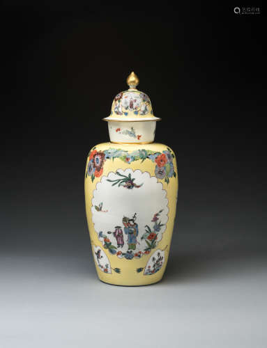 A Meissen yellow-ground Augustus Rex vase and cover, circa 1735