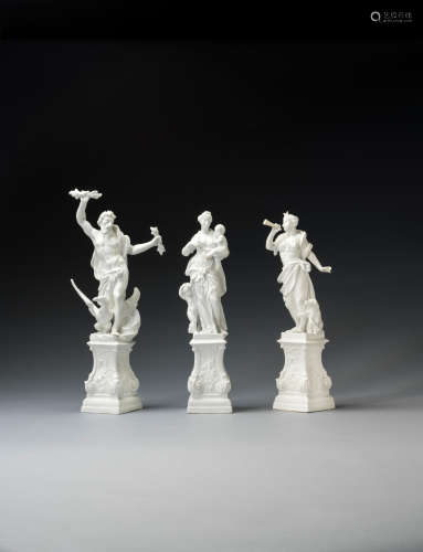 Three Meissen white classical figures on pedestals from the 'Ovidian' series, circa 1750
