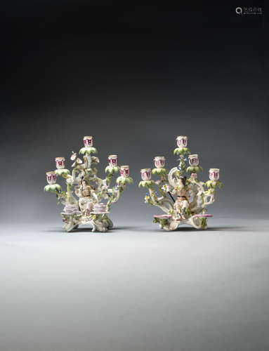 A pair of Meissen figural candelabra, mid 18th century