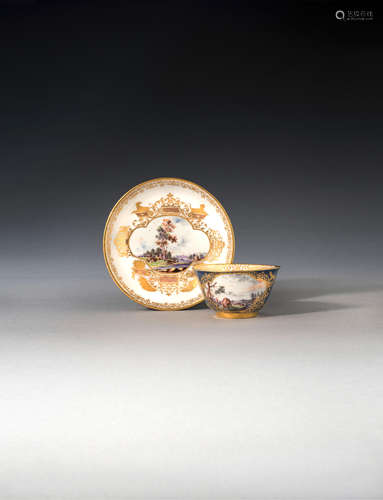 A rare Meissen underglaze-blue-ground teabowl and saucer, circa 1735-40