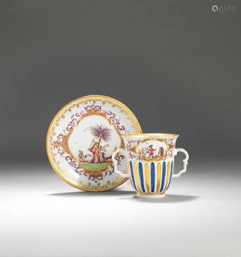 A very rare Meissen double-handled beaker and saucer, circa 1723-25