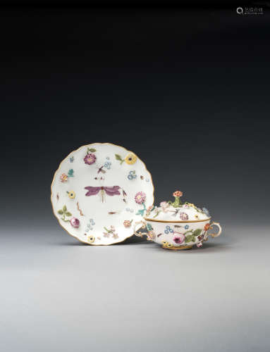 A Meissen two-handled ecuelle, cover and stand, circa 1740