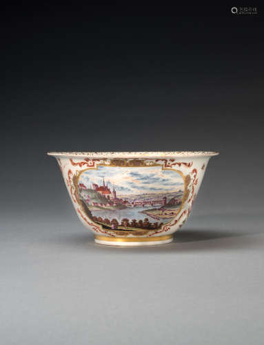 A Meissen waste bowl depicting the Albrechtsburg, housing the Meissen manufactory, circa 1726