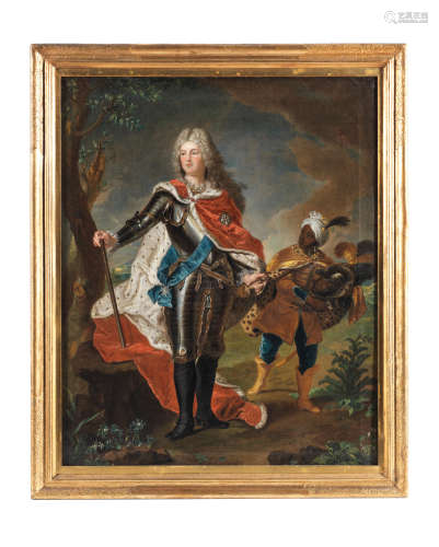 After Hyacinthe Rigaud 18th Century Portrait of Frederick Augustus II, later Augustus III, Elector of Saxony and King of Poland (1696-1763), standing full-length, attended by a page
