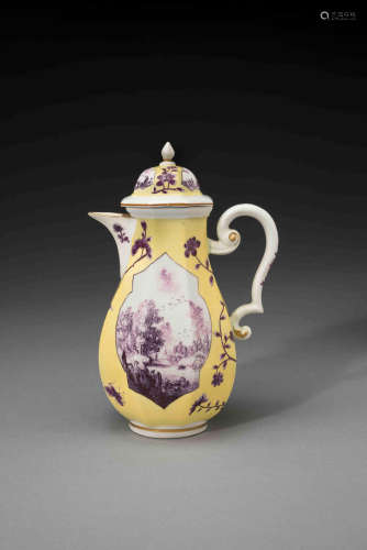 A Meissen yellow-ground octagonal coffee pot and cover, circa 1735