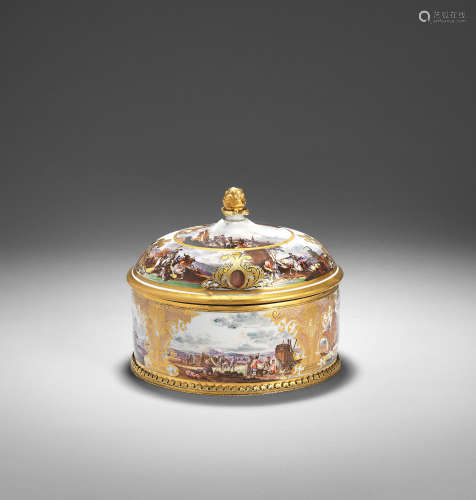 A very rare Meissen gilt-metal-mounted circular pot and cover, circa 1740