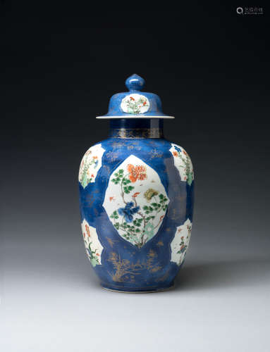 A Chinese Famille verte powder-blue-ground vase and cover from the Turmzimmer in the Dresden Residence, Kangxi period, early 18th century