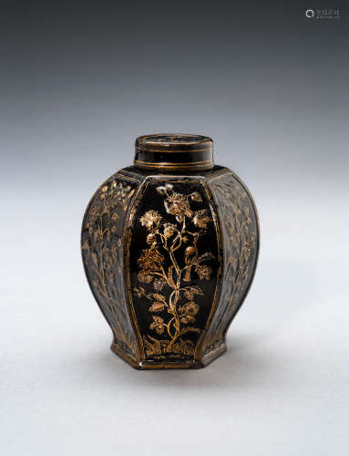 A very rare Meissen Böttger stoneware black-lacquered hexagonal tea canister and cover, circa 1710-19