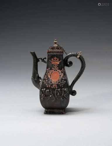 A Meissen Böttger stoneware black-glazed coffee pot and cover, circa 1710-19
