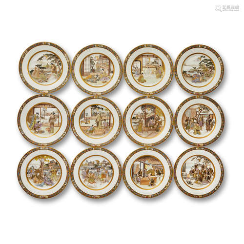 Kinkozan Workshop (circa 1910) A set of 12 Satsuma dishes with scenes of the 47 Ronin Meiji era (1868-1912), circa 1910