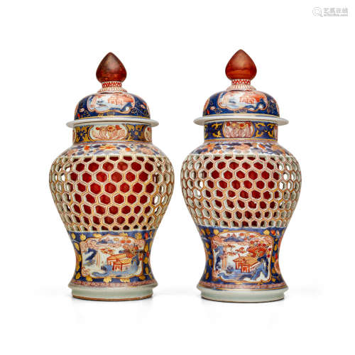 A pair of reticulated covered porcelain jars Arita ware, Imari type, Edo period (1615-1868), 1670-1690