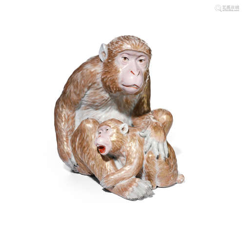 A Large porcelain model of monkeys Taisho (1912-1926) or Showa (1926-1989) era, early 20th century