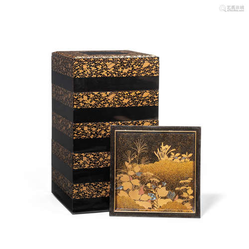 A five-tier lacquer jubako (stacking box) with two covers Taisho (1912-1926) or Showa (1926-1989) era, early 20th century