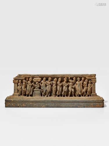 A SCHIST PANEL WITH THE PREPARATION OF THE SEAT OF ENLIGHTENMENT ANCIENT REGION OF GANDHARA, 2ND/3RD CENTURY