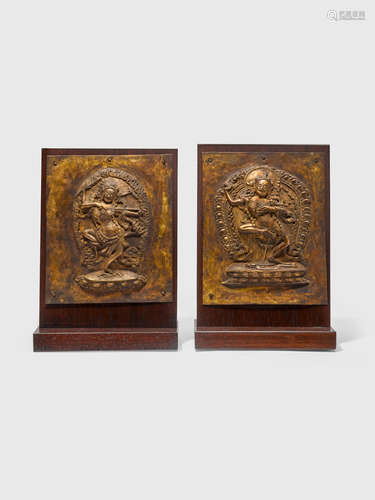 A PAIR OF GILT COPPER ALLOY REPOUSSÉ PLAQUES OF KURUKULLA AND VAJRAVARAHI TIBET, 18TH/19TH CENTURY