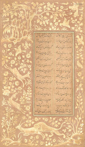 A DOUBLE-SIDED ILLUMINATED FOLIO FROM A MANUSCRIPT OF JAMI'S YUSUF VA ZULAYKHA THE CALLIGRAPHY BY MAHMUD BIN ISHAQ AL-SHIHABI, BUKHARA, CENTRAL ASIA, 964 AH/1557 CE THE BORDERS ADDED IN MUGHAL INDIA, CIRCA 1590-1610