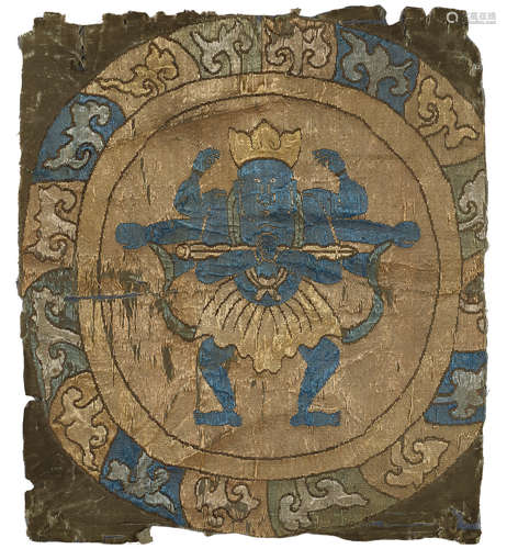 A SILK BROCADE PANEL OF MAHAKALA CHINA, CIRCA 14TH CENTURY