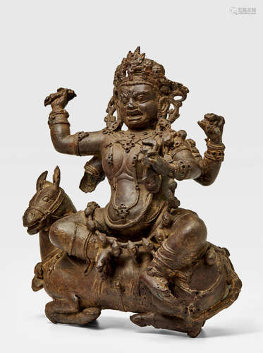 A COPPER ALLOY FIGURE OF PALDEN LHAMO DENSATIL, CENTRAL TIBET, 14TH/15TH CENTURY