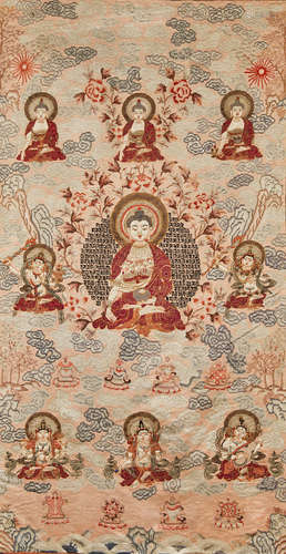 AN EMBROIDERED SILK THANGKA OF THE BUDDHA OF HEALING QING DYNASTY, LATE 18TH/EARLY 19TH CENTURY