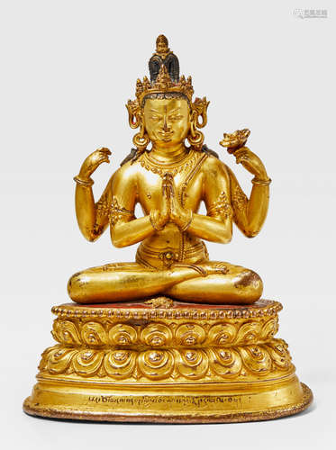 A GILT COPPER ALLOY FIGURE OF SHADAKSHARI LOKESHVARA KHASA MALLA, CIRCA 1300-1350