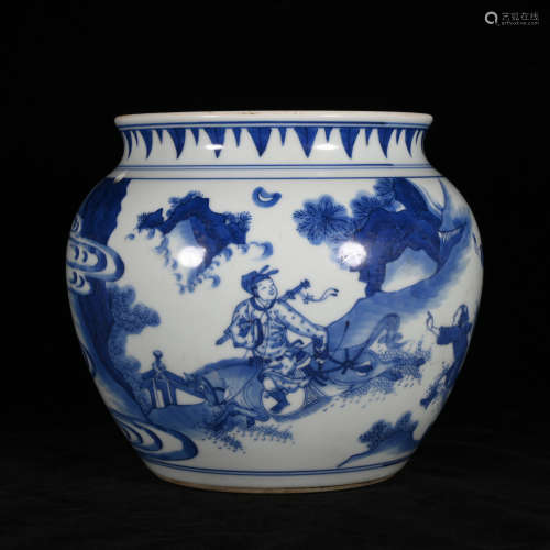 A BLUE AND WHITE JAR PAINTED WITH CHARACTERS IN QING DYNASTY
