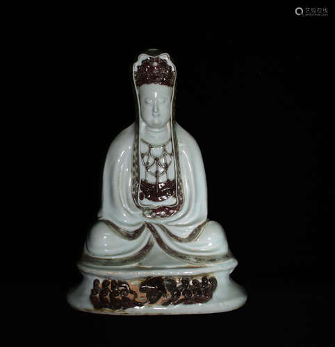 A BLUISH-WHITE PORCELAIN GUANYIN STATUE IN YUAN DYNASTY