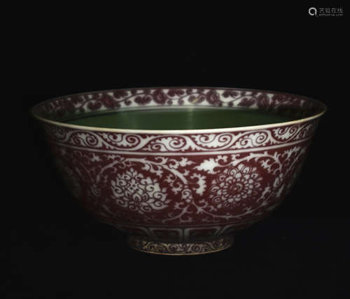 A YUAN DYNASTY UNDERGLAZED RED BIG BOWL PAINTED WITH FLOWERS