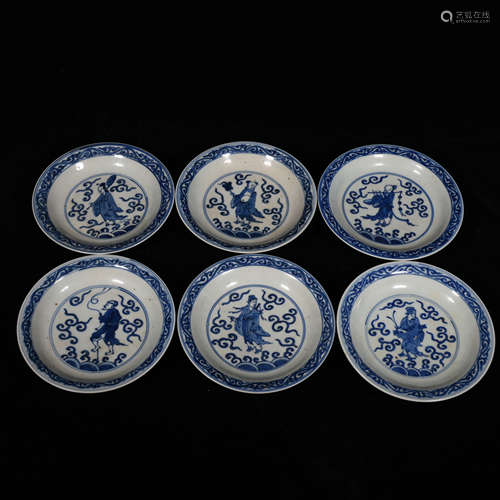 SIX BLUE AND CHARACTER PLATES IN MING JIAJING