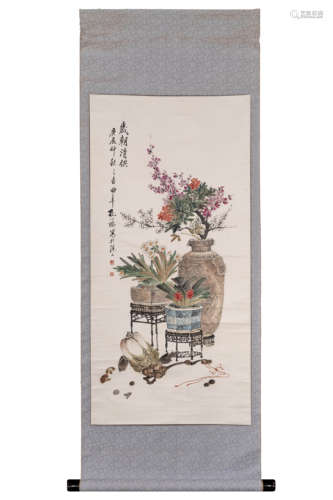 A Chinese Flowers Painting Scroll, Kong Xiaoyu Mark