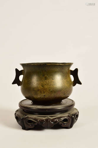 A Chinese Double Ears Copper Incense Burner