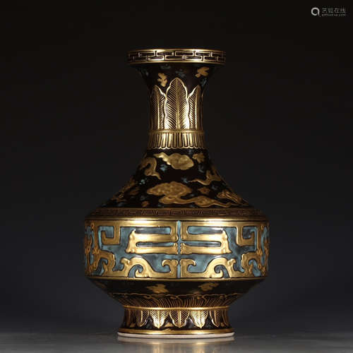 A Chinese Bronze Colored Gild Dragon Carved Porcelain Vase