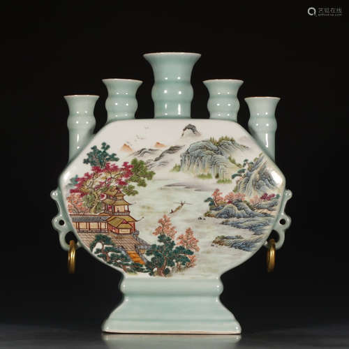 A Chinese Famille Rose Landscape Painted Porcelain 5 Holes Vase