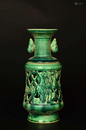 A Chinese Green Glazed Piercing Figure Carved Porcelain Vase