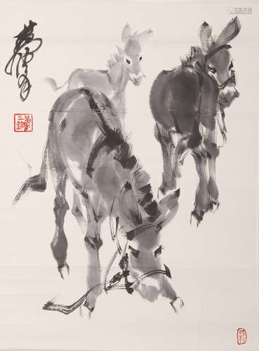 A Chinese Donkey Painting Scroll, Huang Zhou Mark