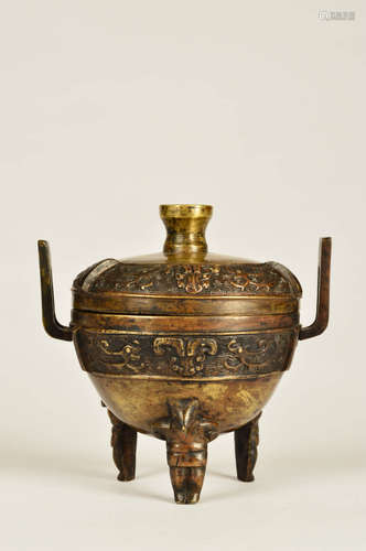 A Chinese Taotie Pattern Doubel Ears Copper Censer