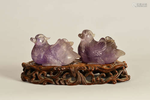 A Pair of Chinese Purple Crystal mandarin Ducks with Pedestal