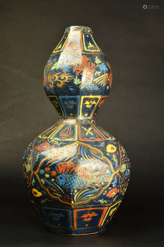 A Chinese Altar Blue Glazed Mulri Colored Porcelain Gourd-shaped Vase