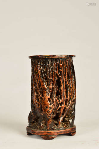 A Chinese Carved Wood Brush Pot