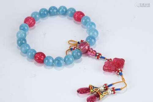 A Chinese Aquamarine Beads Hand String