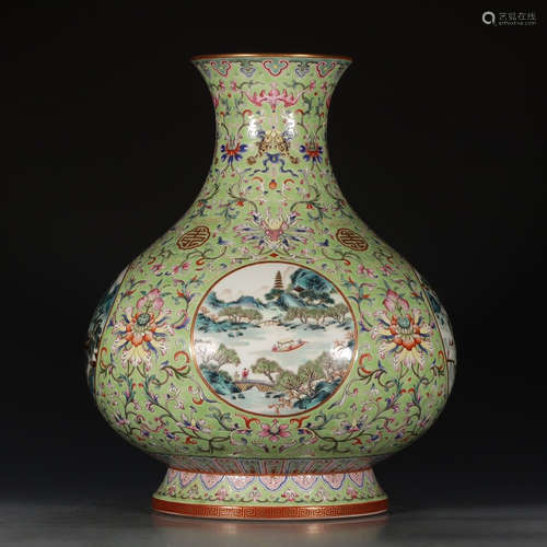 A Chinese Green Famille Rose Gild Landscape Porcelain Vase