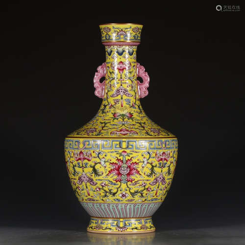 A Chinese Yellow Famille Rose Floral Porcelain Double Ears Vase