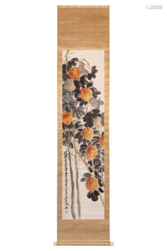 A Chinese Flowers Painting Scroll, Wu Changshuo Mark