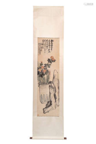 A Chinese Flowers Painting Scroll, Wu Changshuo Mark