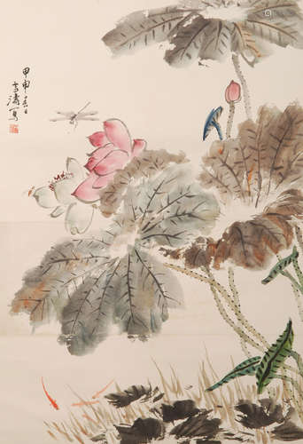 A Chinese Lotus Painting Scroll, Wang Xuetao Mark