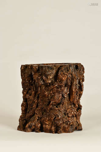 A Chinese Wood burl Brush Pot