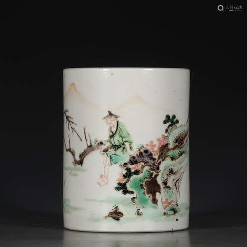 A Chinese Multi Colored Figure Painted Porcelain Brush Pot